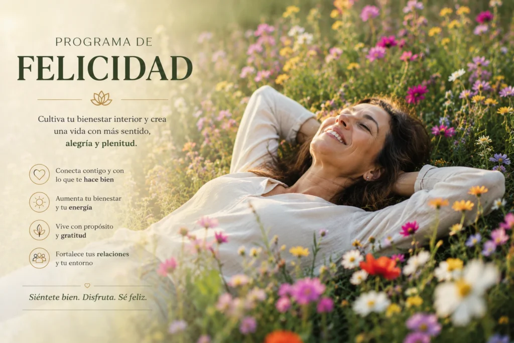 Mujer relajada entre flores en los Programas MHA de desarrollo personal